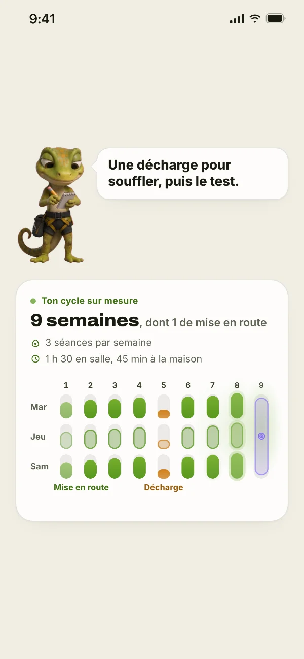 L’écran où le plan se construit : 9 semaines dont 1 de mise en route, 3 séances par semaine, avec la mise en route, la décharge et le test.