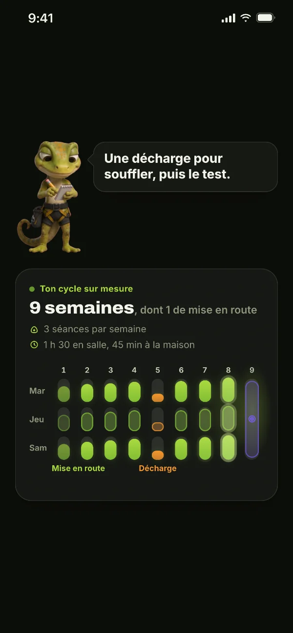 L’écran où le plan se construit : 9 semaines dont 1 de mise en route, 3 séances par semaine, 1 h 30 en salle et 45 min à la maison.