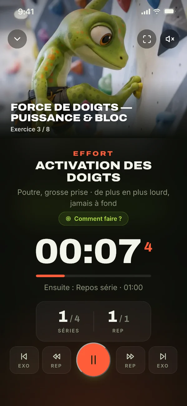Le lecteur de séance : « Activation des doigts », chrono à 7 secondes, série 1 sur 4.