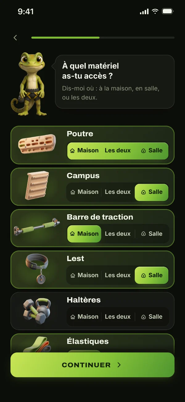 L’écran « À quel matériel as-tu accès ? » : poutre, campus, barre de traction, lest, chacun à la maison, en salle ou les deux.