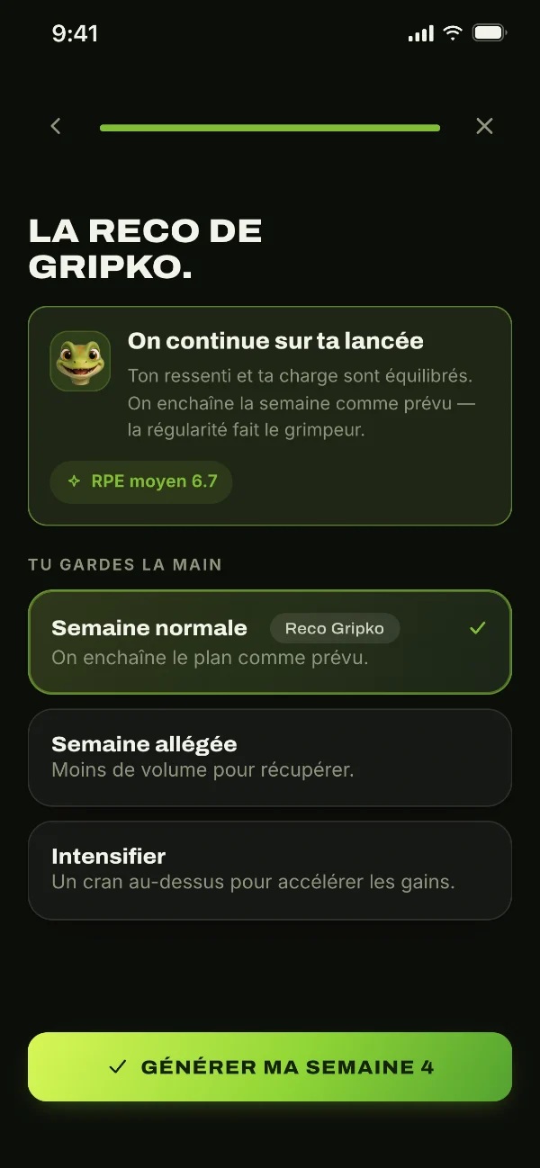 « La reco de Gripko » : on continue sur ta lancée. Semaine normale, allégée ou intensifiée.