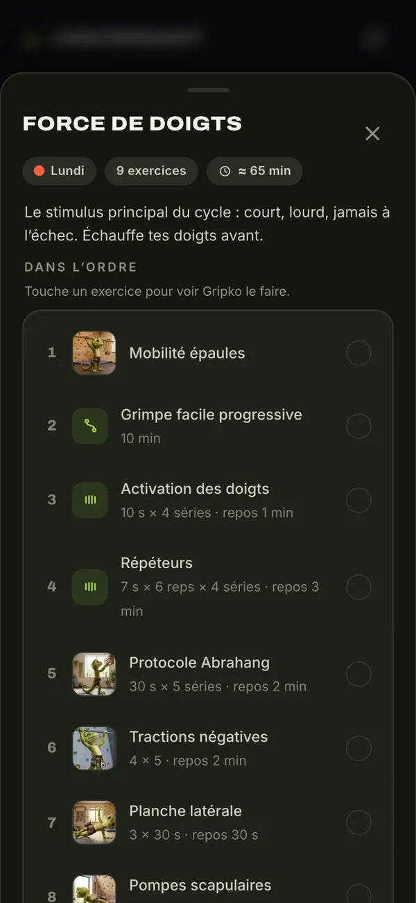 Détail de la séance force de doigts : 9 exercices dans l'ordre, répéteurs, protocole Abrahang
