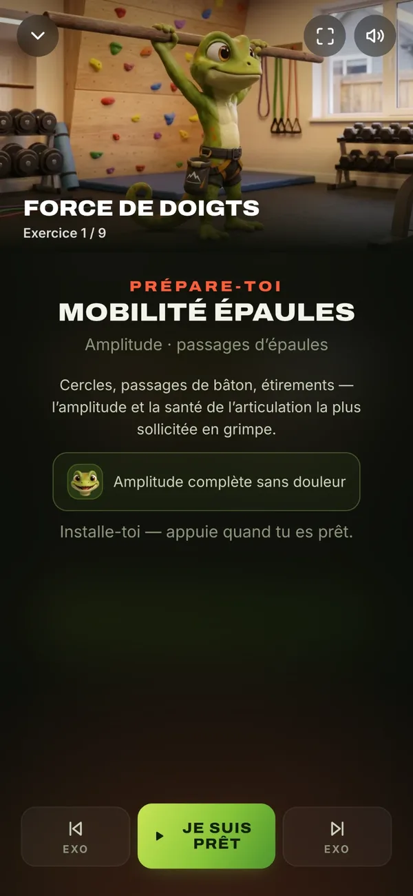 Écran de séance guidée : mobilité épaules, exercice 1 sur 9